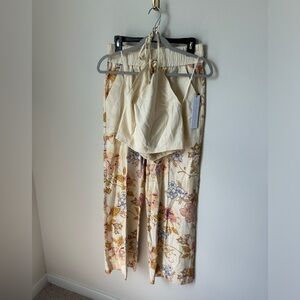 House of Harlow 1960 cream floral Halter & Wide Leg pant Set